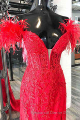 Plunging V-Neck Red Feather Shoulder Long Semi Formal Prom Dress Gala Evening Gown